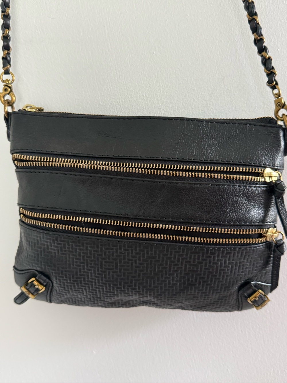 Elliott Lucca Messina Black Leather Woven Crossbody Bag Gold Hardware